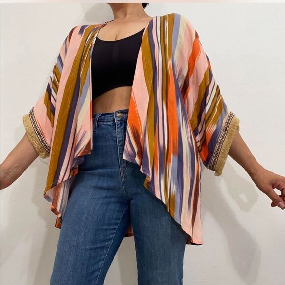 Band of Gypsies Multicolor Stripes Open Front Fringe Kimono Cardigan Size Small - Picture 1 of 9
